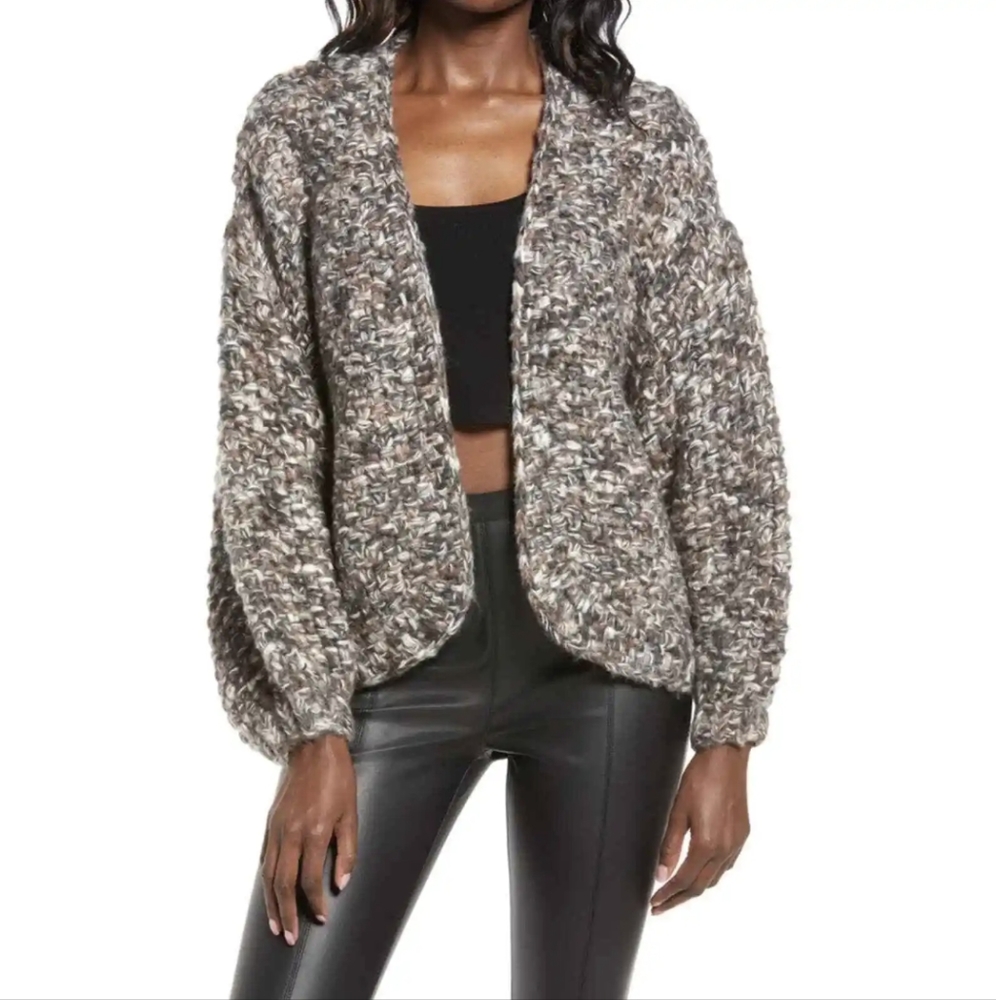NWT Blank NYC Brown Gray Chunky Marled Knit Lantern Sleeve Cardigan Swea…